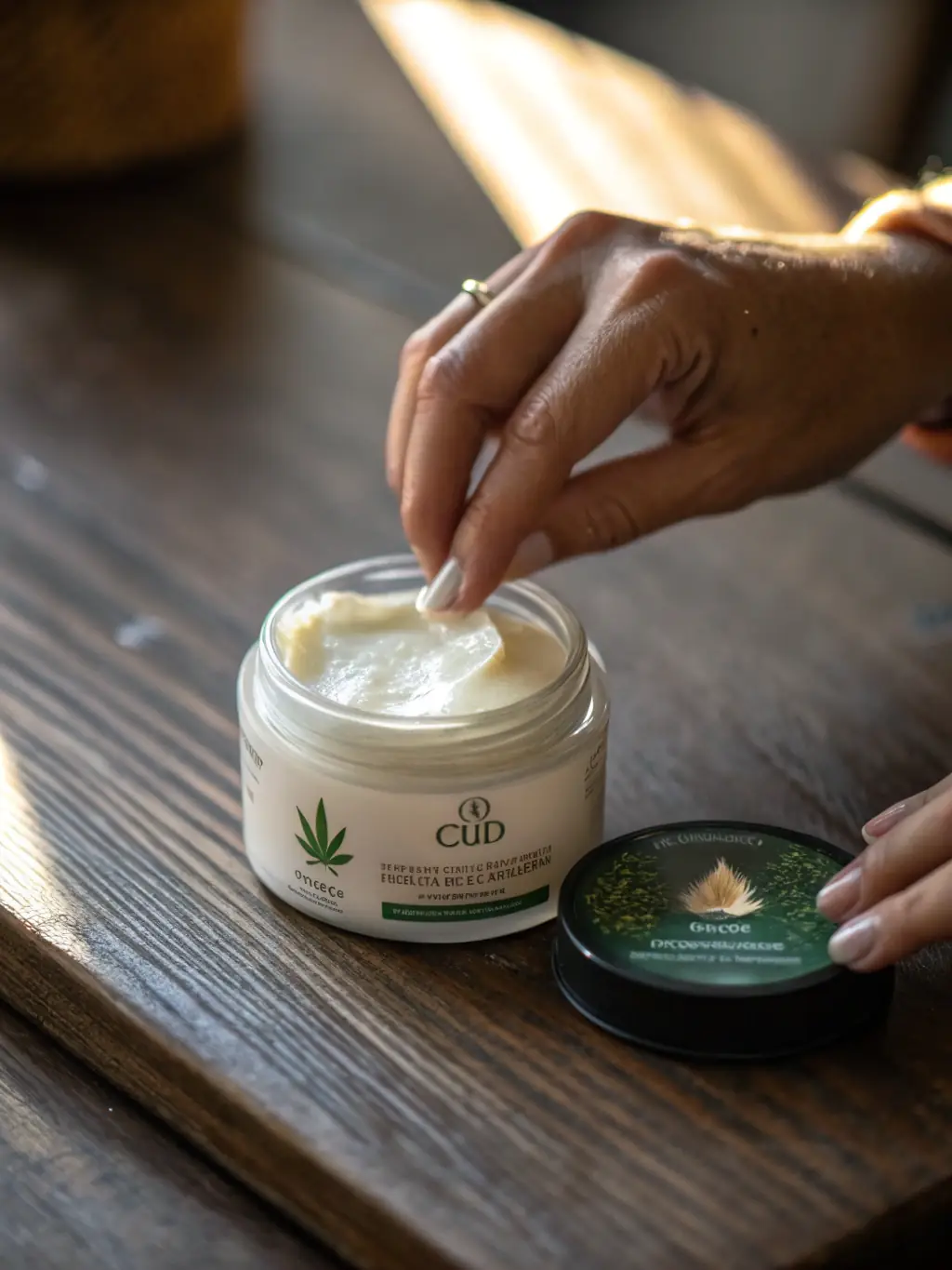 A person using a THCA infused topical cream on their hand, highlighting the ease of application and potential soothing effects.