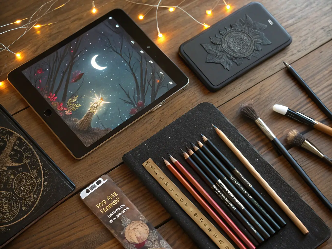 A vibrant image showcasing a variety of art supplies, including paintbrushes, sketchbooks, and colorful markers, arranged on a wooden table, emphasizing the tools' potential for artistic expression.