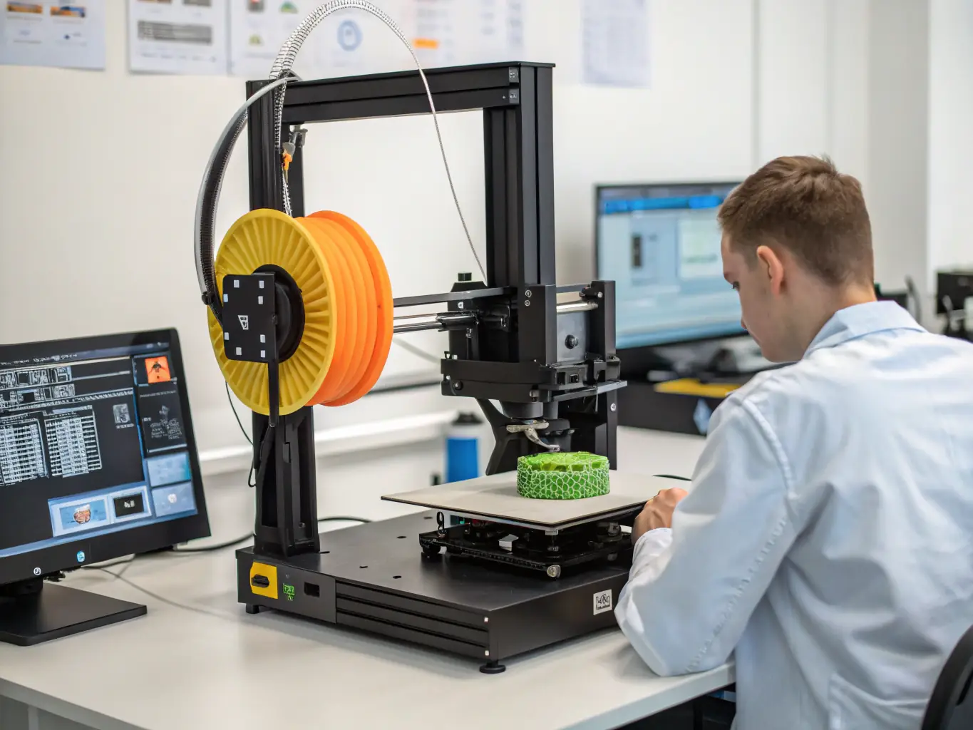 An image of a modern 3D printing pen in use, creating a small, intricate sculpture, with a focus on the pen's ergonomic design and the user's creative process.