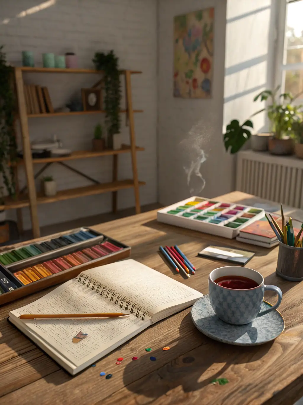 A vibrant image displaying art supplies, DIY kits, and creative gadgets arranged on a workspace, representing the Creative Tools category available at Palomar Trading Co.